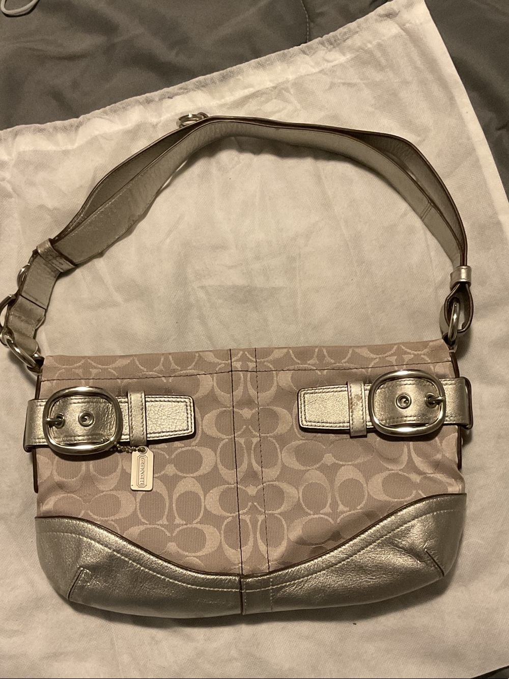 Coach Grey Signature Hobo Shoulder Bag with Silver Accents & Adjustable Strap